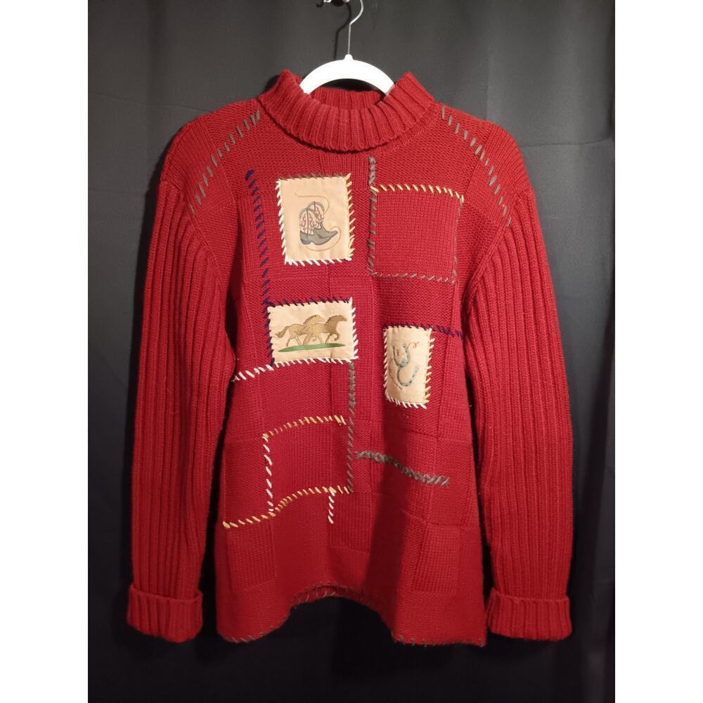 Wrangler Patchwork Horse Boots Sweater Wool Blend Turtleneck Western Large